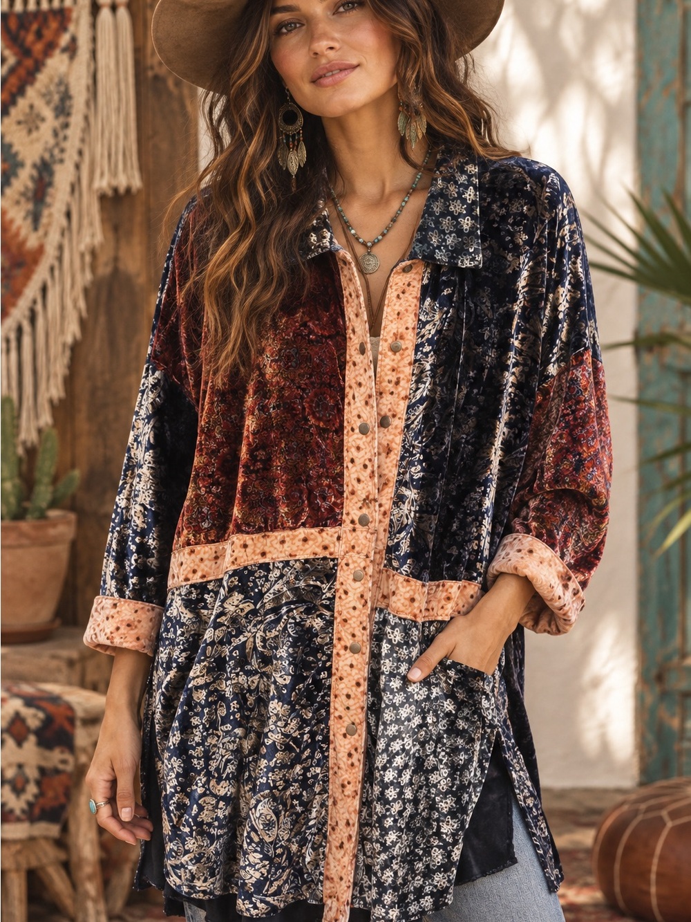 Free People Patchwork Velvet Tunic Shacket in Navy, Rust and Peach